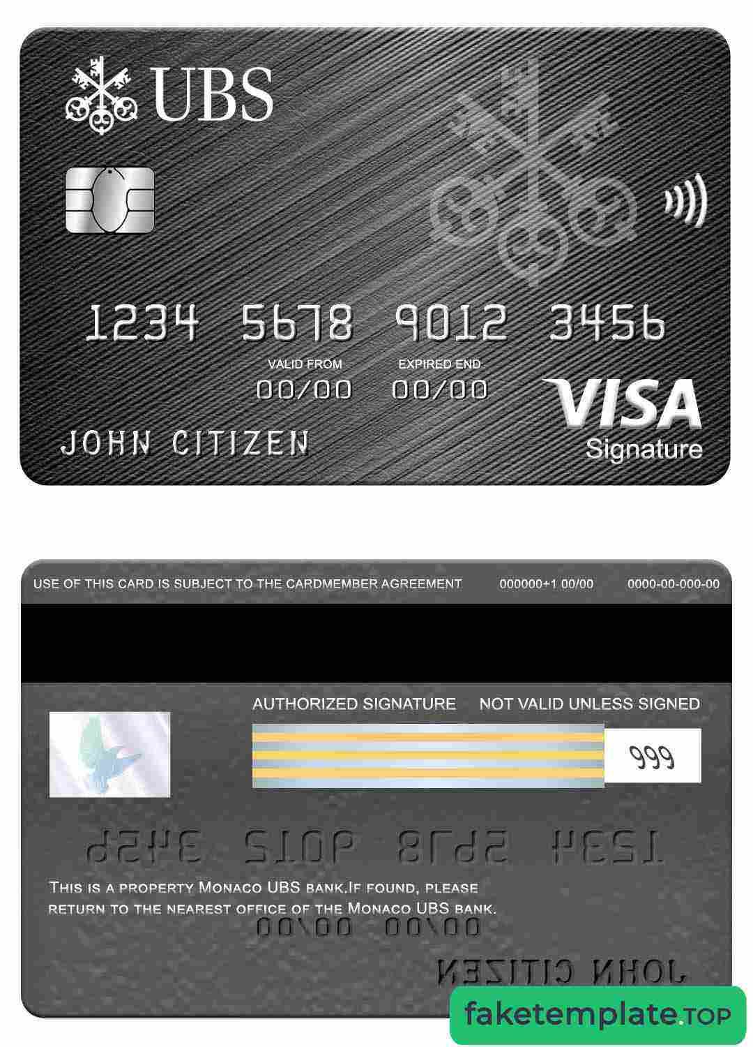 Feature of fake Monaco UBS bank visa signature card